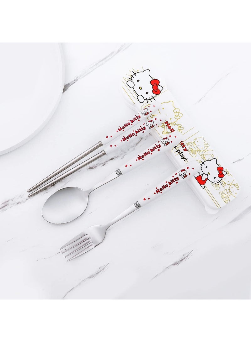 عام طقم أدوات مائدة محمولة بطبعة كارتونية من كاواي مع طقم أدوات مائدة كارتونية قابلة لإعادة الاستخدام مع صدفة عيدان طعام وشوكة وملعقة طعام للسفر والنزهات - Image 3