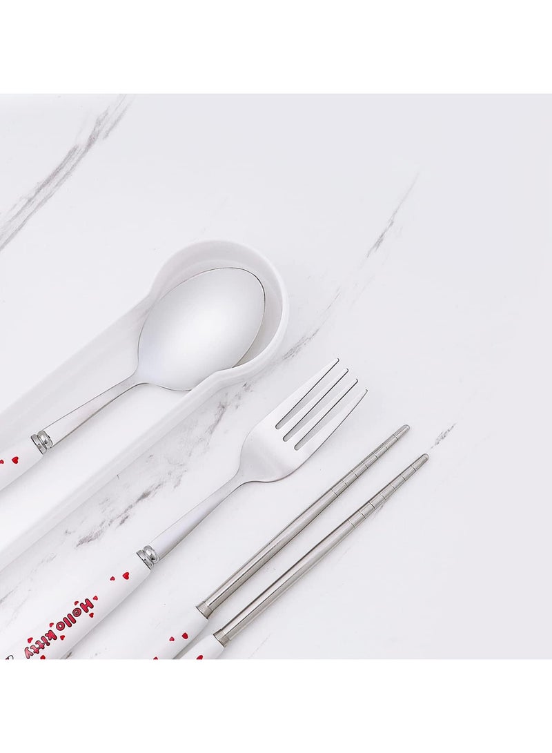 عام طقم أدوات مائدة محمولة بطبعة كارتونية من كاواي مع طقم أدوات مائدة كارتونية قابلة لإعادة الاستخدام مع صدفة عيدان طعام وشوكة وملعقة طعام للسفر والنزهات - Image 5