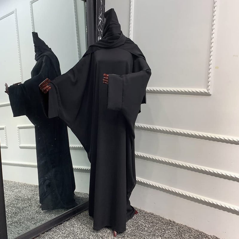 IKADEX Muslim Dress for Women Pakistani Kaftan Abaya Robe + Hijab Arabic Islamic Prayer Clothes Dubai Outfits Black Set - Image 3