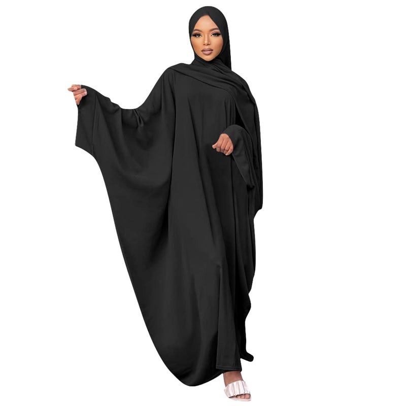 IKADEX Muslim Dress for Women Pakistani Kaftan Abaya Robe + Hijab Arabic Islamic Prayer Clothes Dubai Outfits Black Set - Image 1