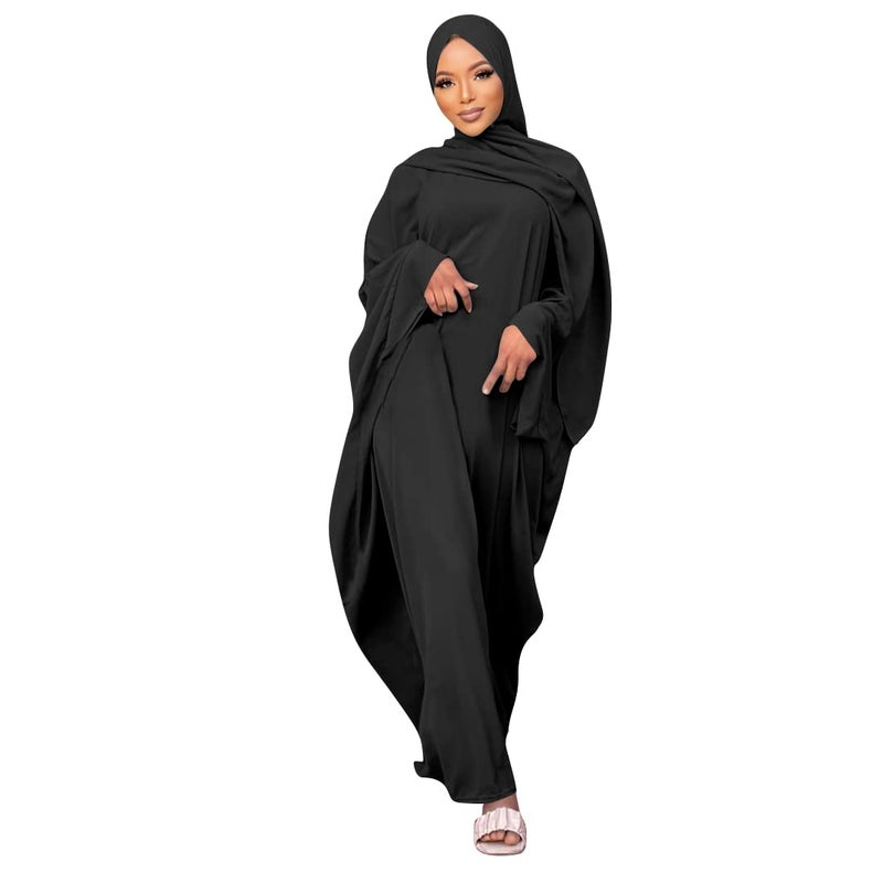 IKADEX Muslim Dress for Women Pakistani Kaftan Abaya Robe + Hijab Arabic Islamic Prayer Clothes Dubai Outfits Black Set - Image 2