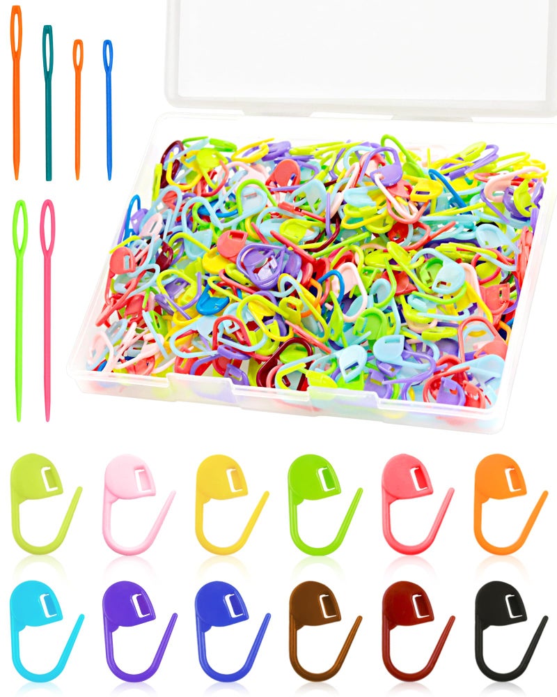 FIVEIZERO 300pcs FIVEIZERO Stitch Markers with 6 pieces of large blunt sewing needles,colorful knitting markers,plastic crochet hook clip,bulk Crochet hook markers for knitting stitch locking clip crochet hooks - Image 1