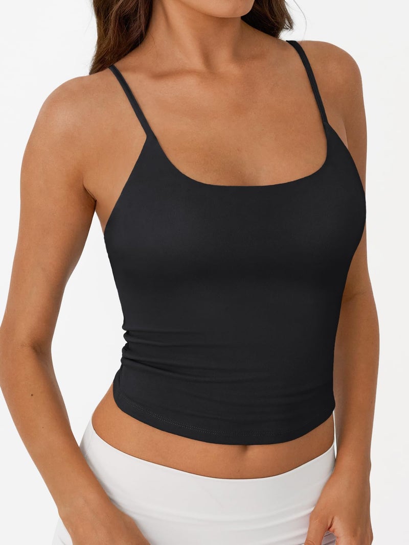 Trendy Queen Womens Spaghetti Strap Tank Top Summer Double Lined Workout Camisole Going Out Cute Tops Y2k Teen Girl Basic Black S - Image 3