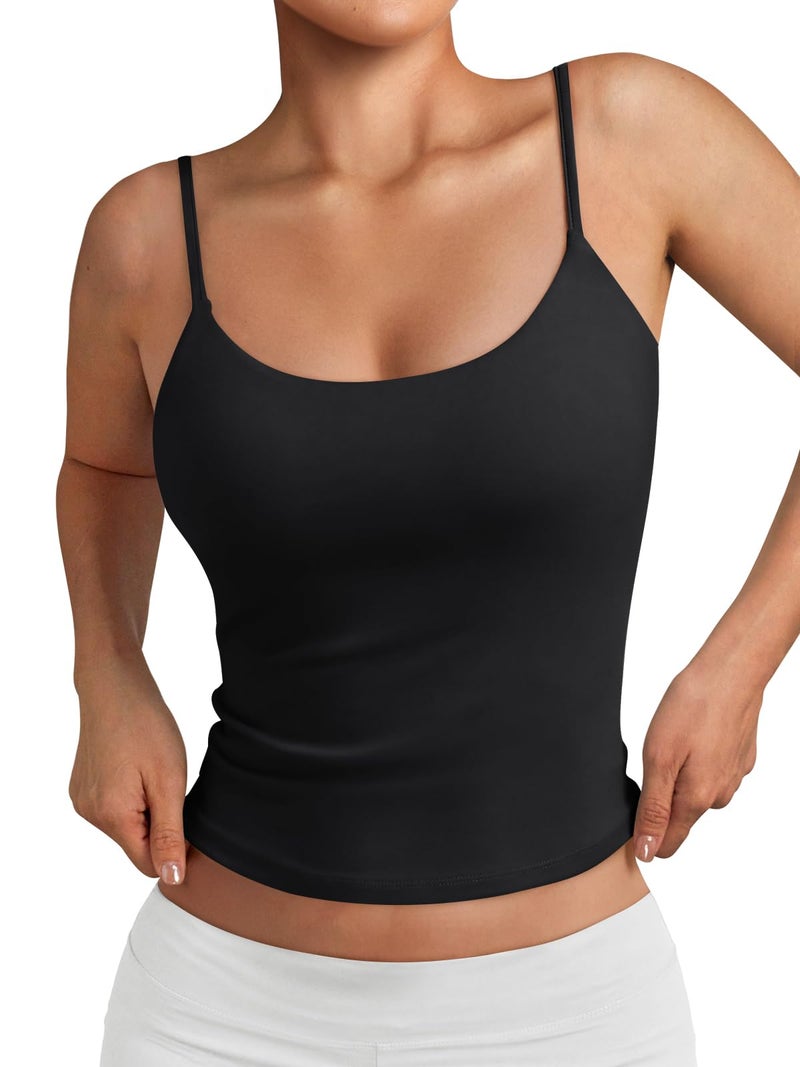 Trendy Queen Womens Spaghetti Strap Tank Top Summer Double Lined Workout Camisole Going Out Cute Tops Y2k Teen Girl Basic Black S - Image 1