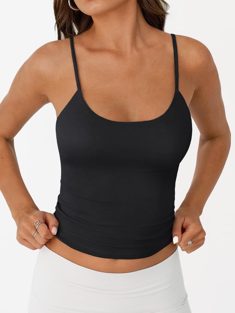 Trendy Queen Womens Spaghetti Strap Tank Top Summer Double Lined Workout Camisole Going Out Cute Tops Y2k Teen Girl Basic Black S - Image 2