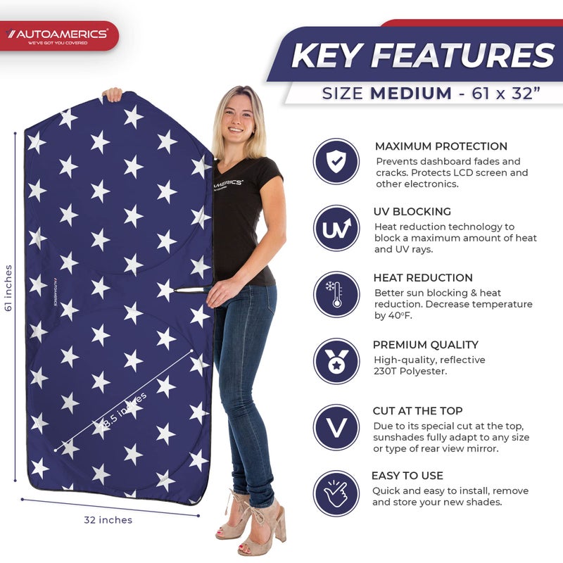 Autoamerics 1-Piece Windshield Sun Shade American Stars Flag USA Patriotic Design - Foldable Car Front Window Sunshade for Sedans SUV Truck - Blocks Max UV Rays and Keeps Your Vehicle Cool - Medium - Image 2