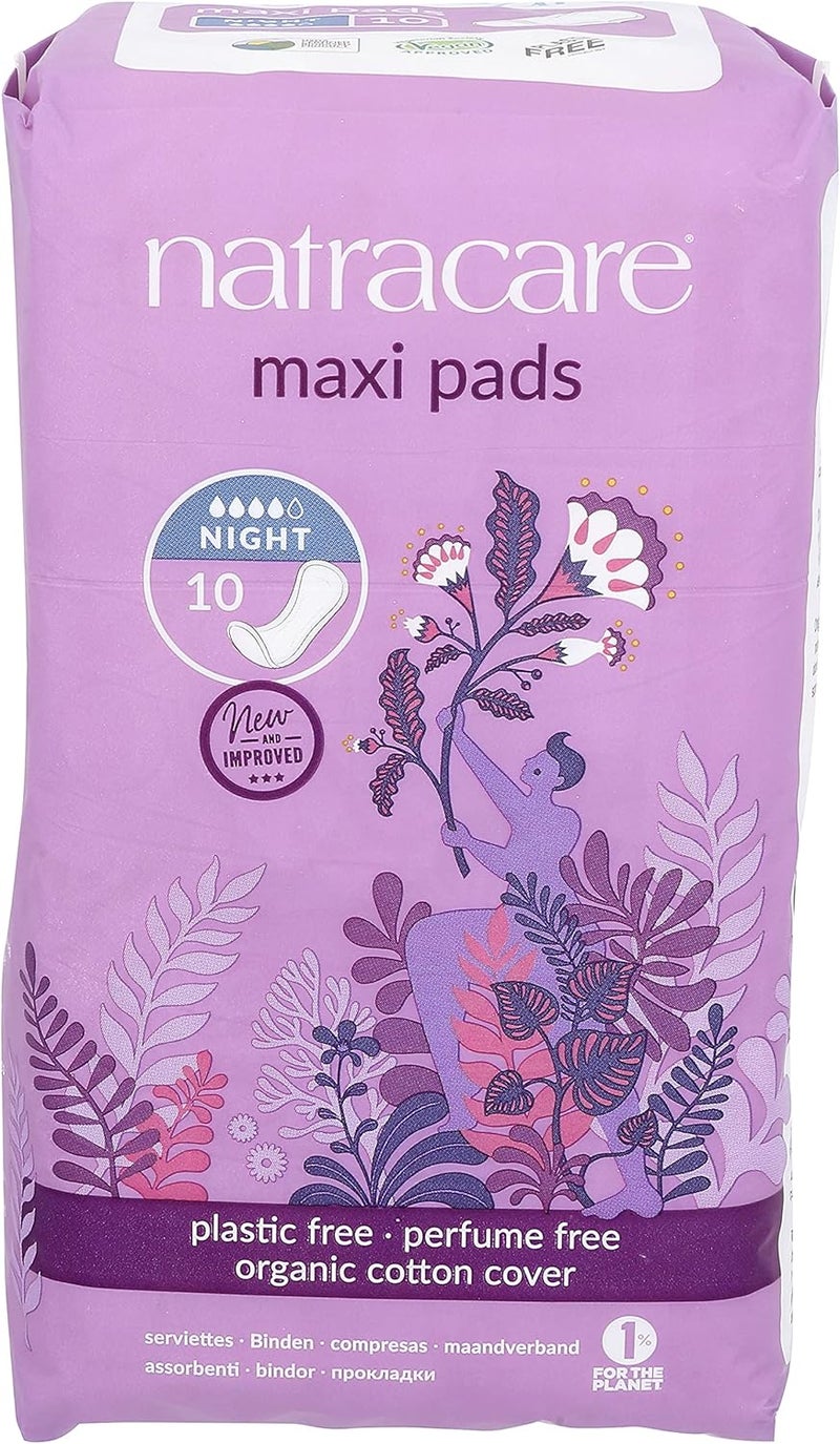 NATRACARE Natracare Natural Traditional Style Night Time Maxi Pads, Individually Wrapped, Without Wings in Plant-Based Bag (1 Pack, 10 Pads Total)