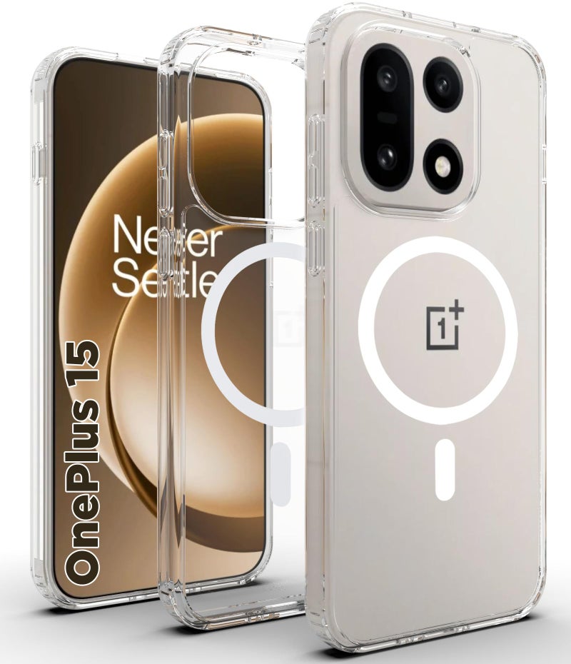 RIGGEAR Shockproof Clear Hybrid Armor Magnetic Back Cover Case Compatible with MagSafe Accessories for OnePlus 15 5G (Transparent PC and TPU Bumper) - Image 1