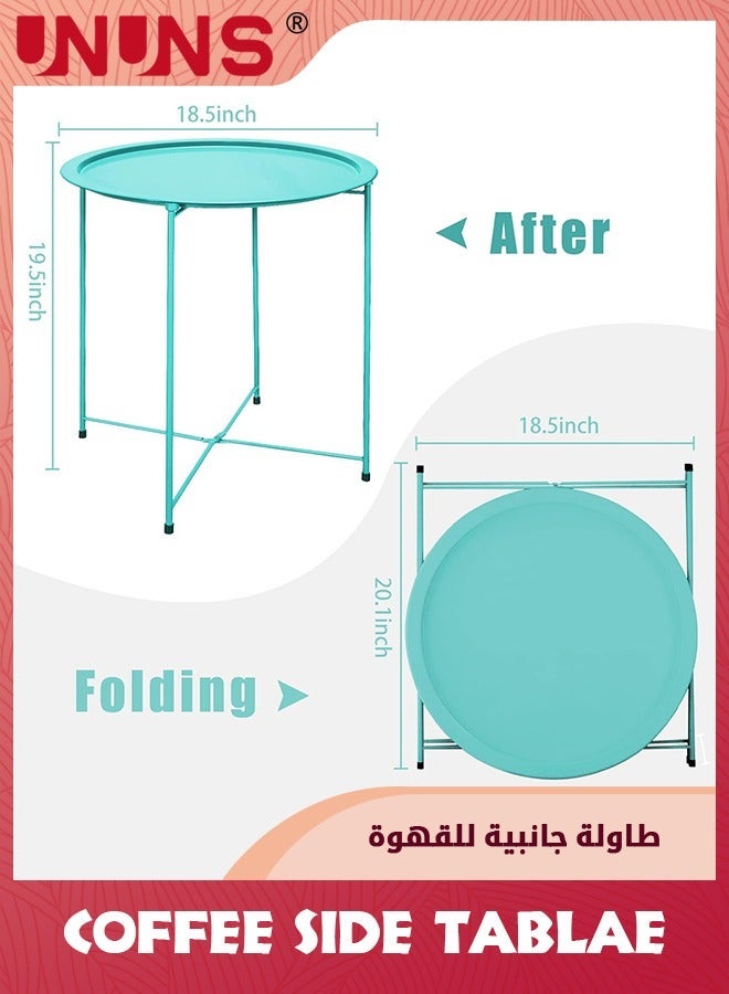 UNUNS طاولة جانبية للقهوة، طاولة معدنية قابلة للطي، طاولة دائرية زرقاء، طاولة بجانب الأريكة، وجبة خفيفة لغرفة المعيشة والسرير - Image 3