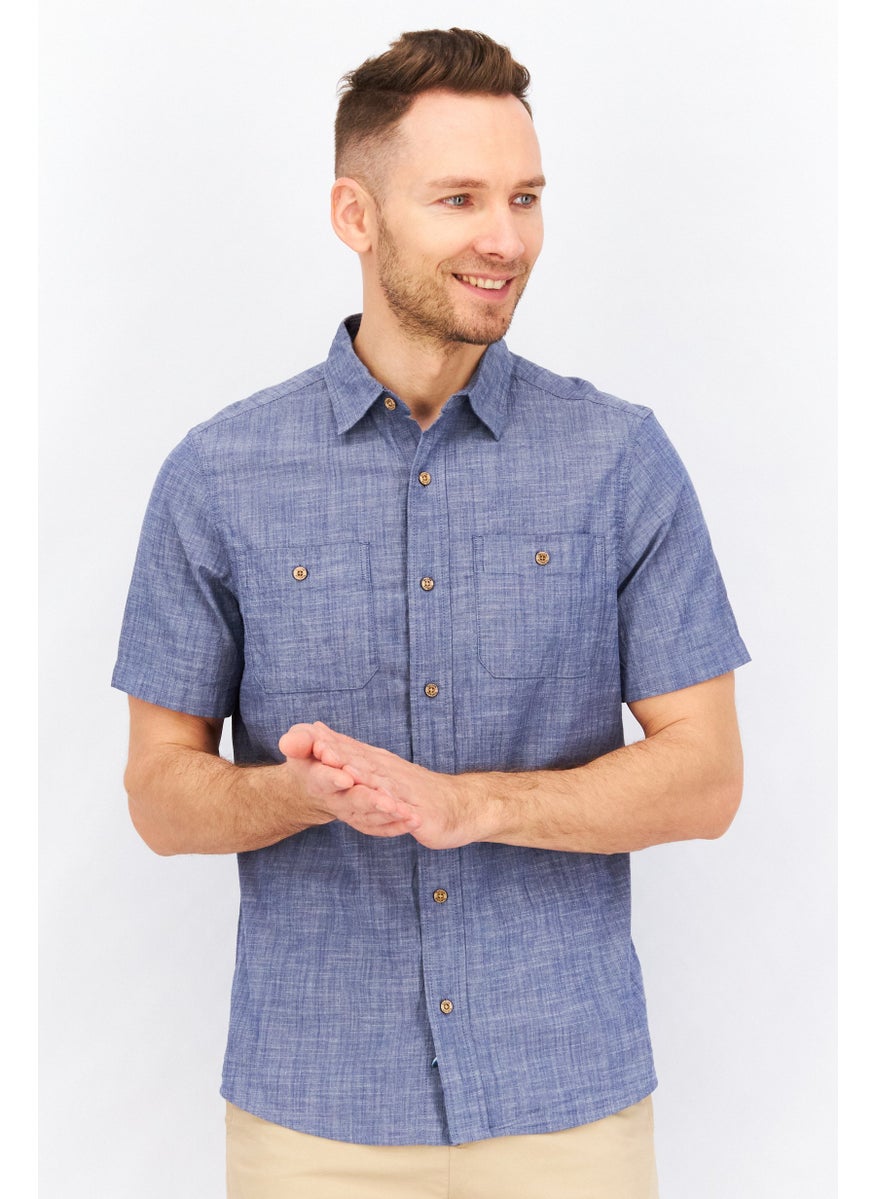 Tailor Vintage - Men Regular Fit Pointed Collar Textured Casual Shirt, Blue - Image 1