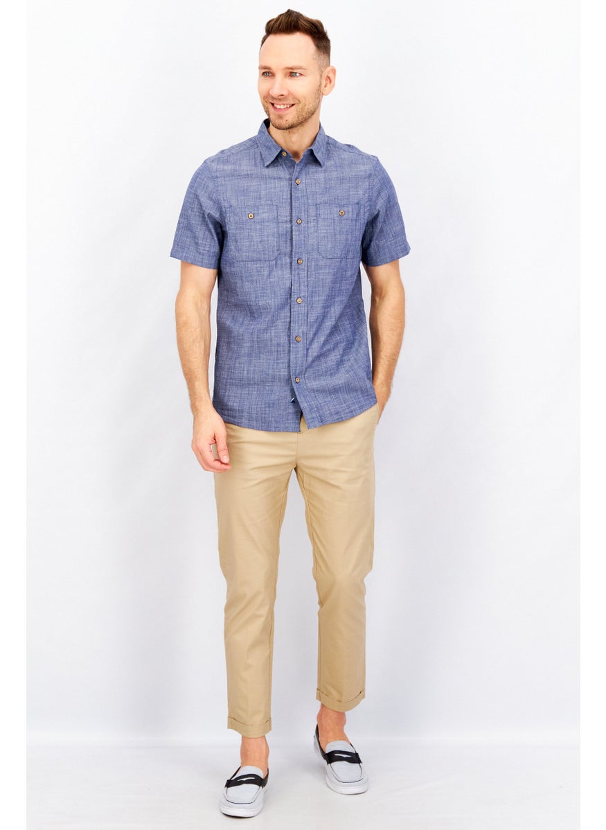 Tailor Vintage - Men Regular Fit Pointed Collar Textured Casual Shirt, Blue - Image 1