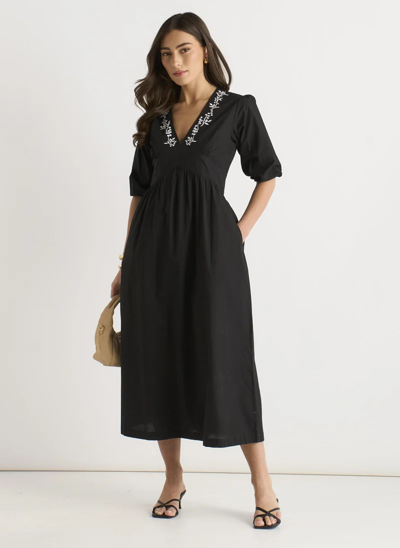 Gini London Black Puff Sleeve Cotton Embroidered Midi Dress