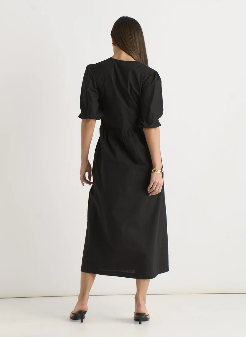 Gini London Black Puff Sleeve Cotton Embroidered Midi Dress