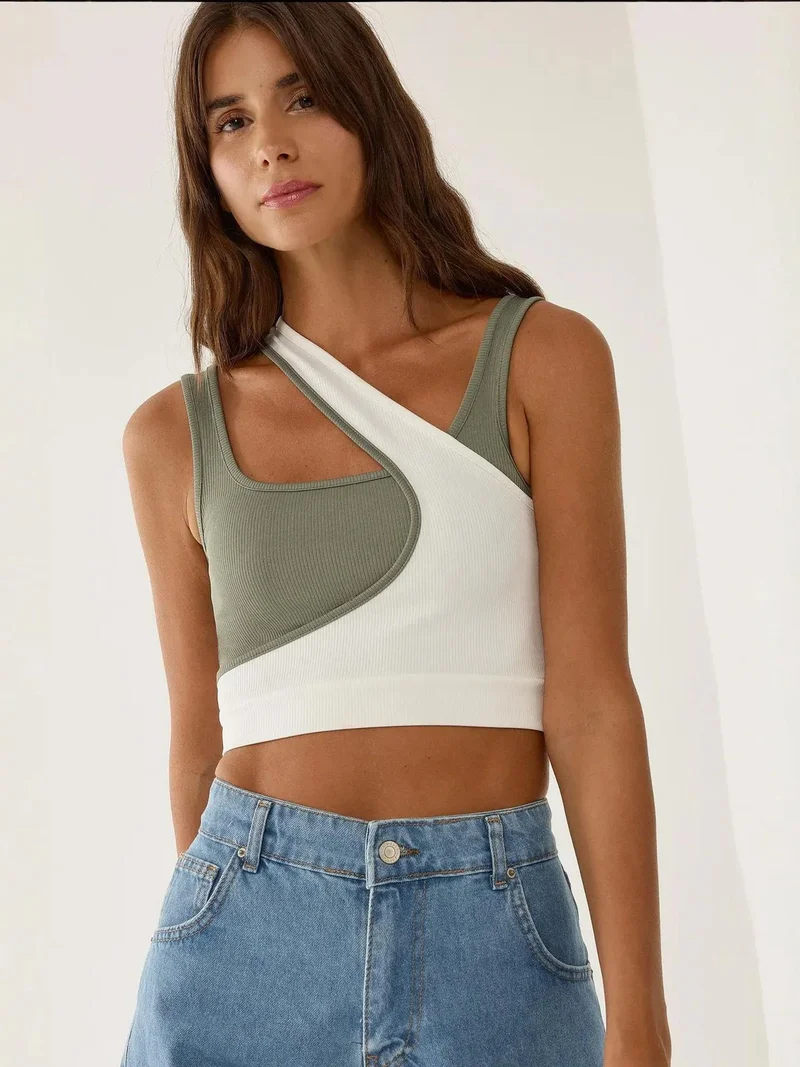 HICCUP Contrast Asymmetrical Collar Tank Top