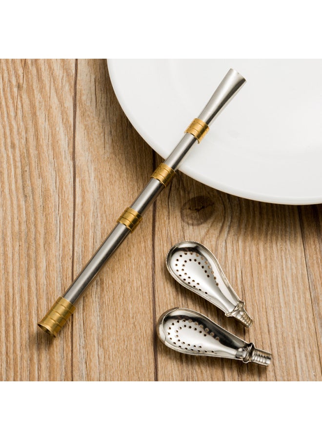 Stainless Steel Straw Spoon Gold-plated Copper Ring Mate Tea Spoon New Removable Easy-to-clean Mixing Spoon-Color:Two-ring Threaded Straw Spoon  - Image 5