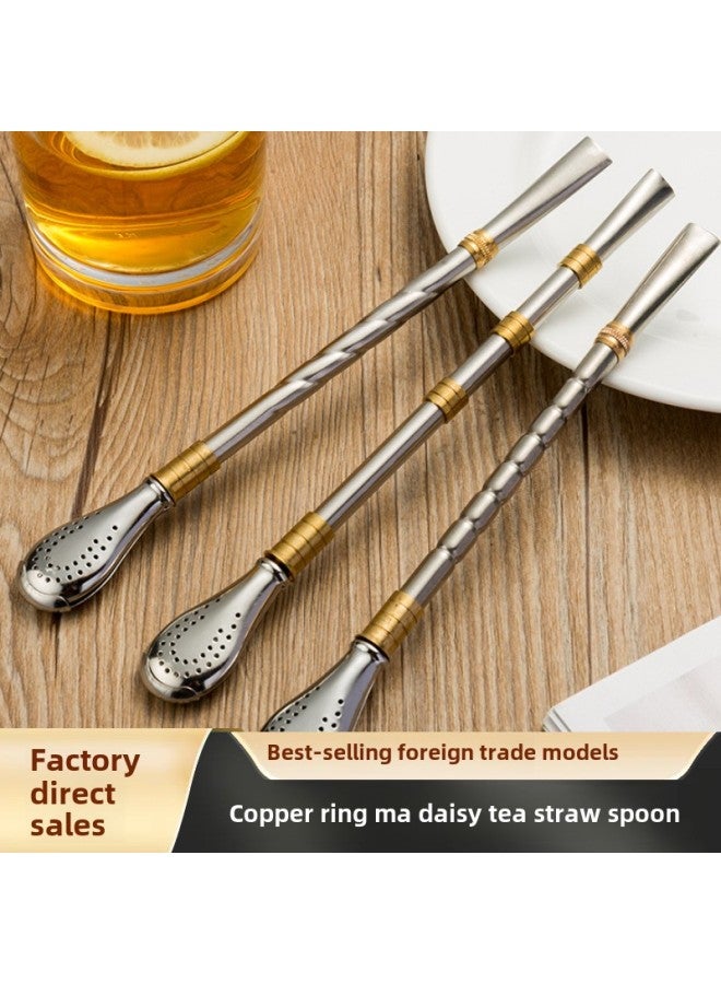 Stainless Steel Straw Spoon Gold-plated Copper Ring Mate Tea Spoon New Removable Easy-to-clean Mixing Spoon-Color:Two-ring Threaded Straw Spoon  - Image 2