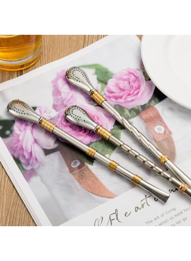 Stainless Steel Straw Spoon Gold-plated Copper Ring Mate Tea Spoon New Removable Easy-to-clean Mixing Spoon-Color:Two-ring Threaded Straw Spoon  - Image 3