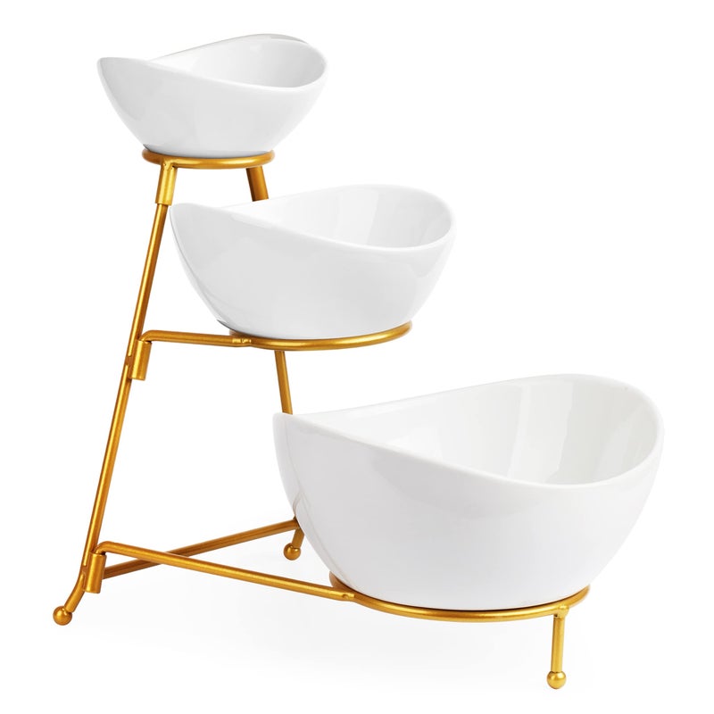 LAUCHUH 3 Tier Serving Stand Serving Dishes for Entertaining Porcelain Oval Fruit Bowl Set Tiered Serving Tray for Fruit Vegetable Nuts Snack Salad Chip Dip Bowl Set for Valentines Day Gold