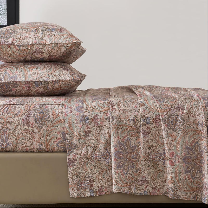 فادفاي طقم ملاءات سرير فادفاي مقاس كينج مكون من 4 قطع، مصنوع من قطن طويل التيلة، ملاءة مثبتة بجيب عميق، ناعم وجيد التهوية، بنقشة بيزلي بنية عتيقة، مناسب لجميع الفصول. - Image 1