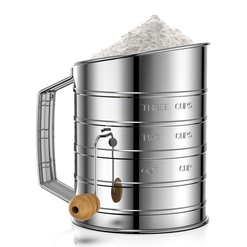 Esvopa Flour Sifter for Baking Stainless Steel 3 Cup Flour Sifter with Rotary Hand Crank Fine Mesh and Agitator Flour Duster Esvopa - Image 2