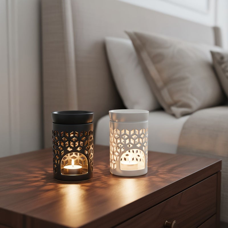 13.1cm Diamond Shaped Ceramic Perfume Burner Matte Black White Desktop Essential Oil Diffuser - Image 5