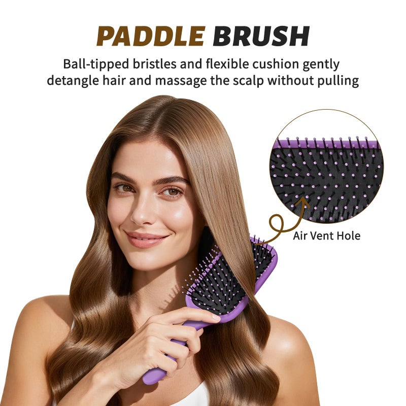 BALON 4Pcs Detangling Hair Brush Set for Women - Paddle Brush for Wet or Dry, No More Tangles for Straight, Long, Thick, Curly, and Natural Hair (Purple) - Image 3