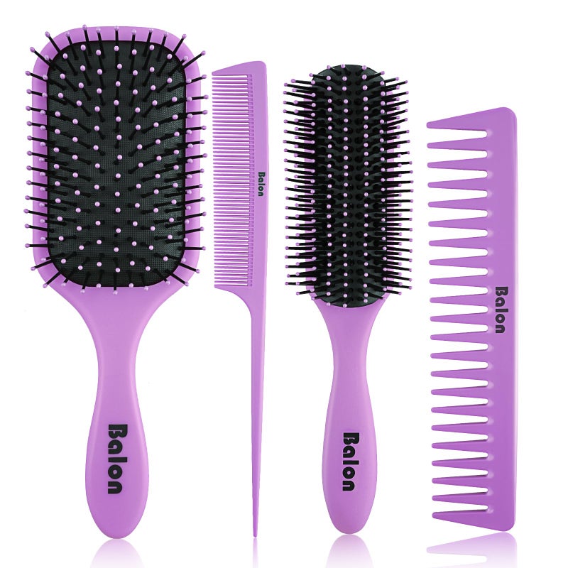 BALON 4Pcs Detangling Hair Brush Set for Women - Paddle Brush for Wet or Dry, No More Tangles for Straight, Long, Thick, Curly, and Natural Hair (Purple) - Image 1