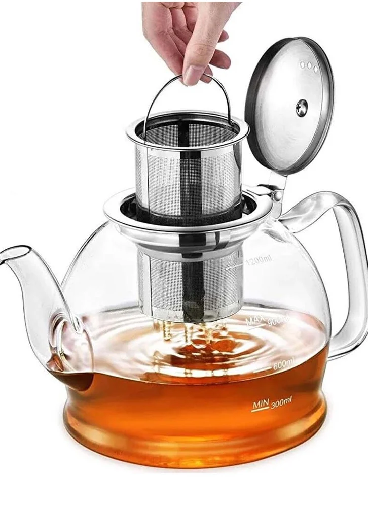 1Chase Borosilicate Glass Teapot 1200 ML with Stainless Steel Infuser with Lid