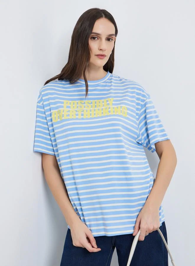 Styli Women Blue Striped Oversized T-Shirt