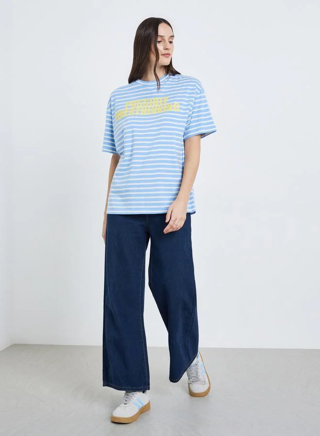 Styli Women Blue Striped Oversized T-Shirt