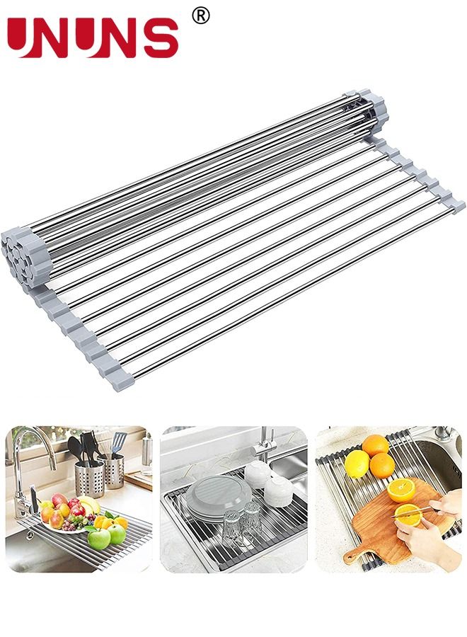 UNUNS Dish Drying Rack,Roll Up Sink Dish Drainer Rack,Over The Sink Dish Drying Rack, Foldable Sink Rack,Stainless Steel Wire Dish Drying Rack For Kitchen Sink Counter,Washing Dish Rack,Gray 47x35cm - Image 1