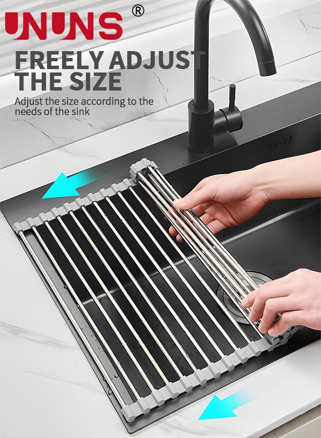 UNUNS Dish Drying Rack,Roll Up Sink Dish Drainer Rack,Over The Sink Dish Drying Rack, Foldable Sink Rack,Stainless Steel Wire Dish Drying Rack For Kitchen Sink Counter,Washing Dish Rack,Gray 47x35cm - Image 5