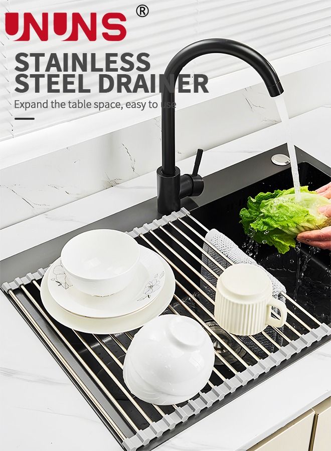 UNUNS Dish Drying Rack,Roll Up Sink Dish Drainer Rack,Over The Sink Dish Drying Rack, Foldable Sink Rack,Stainless Steel Wire Dish Drying Rack For Kitchen Sink Counter,Washing Dish Rack,Gray 47x35cm - Image 2