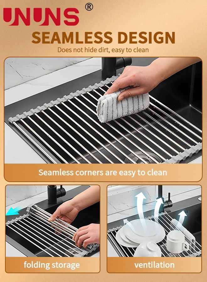UNUNS Dish Drying Rack,Roll Up Sink Dish Drainer Rack,Over The Sink Dish Drying Rack, Foldable Sink Rack,Stainless Steel Wire Dish Drying Rack For Kitchen Sink Counter,Washing Dish Rack,Gray 47x35cm - Image 4