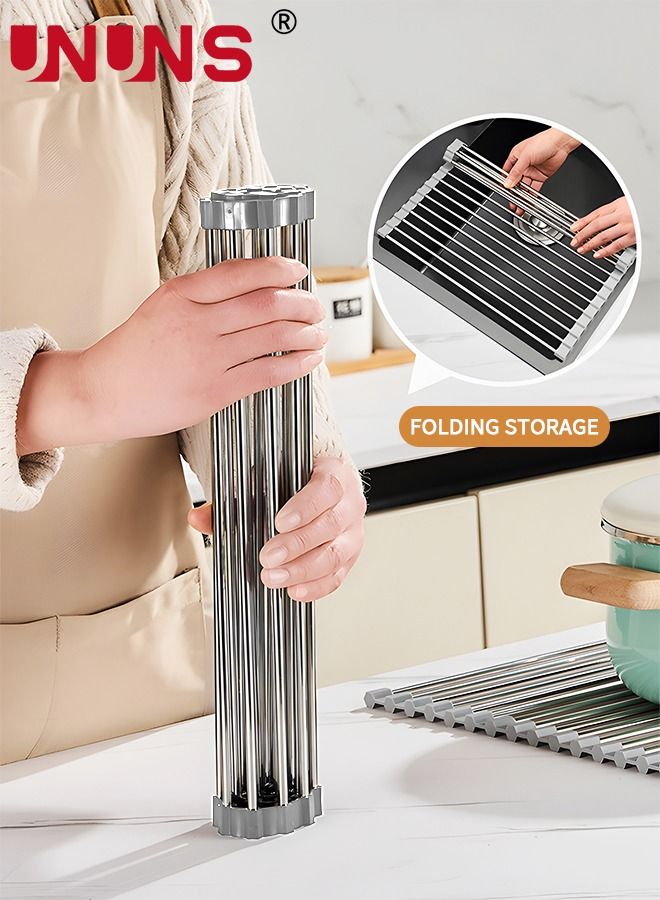 UNUNS Dish Drying Rack,Roll Up Sink Dish Drainer Rack,Over The Sink Dish Drying Rack, Foldable Sink Rack,Stainless Steel Wire Dish Drying Rack For Kitchen Sink Counter,Washing Dish Rack,Gray 47x35cm - Image 3
