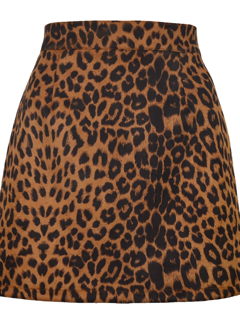 Loquat Fashion Women's Leopard Print High Waist Zipper Autumn And Winter A-line Slim Short Skirt 