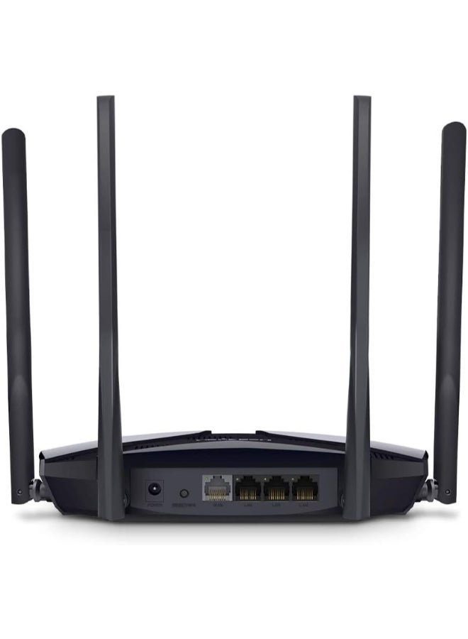 MERCUSYS AX3000 Dual-Band Wi-Fi 6 Router
SPEED: 574 Mbps at 2.4 GHz + 2402 Mbps at 5 GHz 
SPEC:  4× Fixed External Antennas, 3× Gigabit LAN Ports, 1× Gigabit WAN Port, 1024-QAM, OFDMA, HE160
FEATURE: MERCUSYS APP, Router/Access Point Mode, WPS/Reset Button, IPTV, IPv6, Smart Connect, Beamforming, MU-MIMO, Parental Controls, Guest Network, VPN Server, DFS, WPA3, BSS Color, TWT, TR-069, ISP Preset (Agile Config) Black - Image 3
