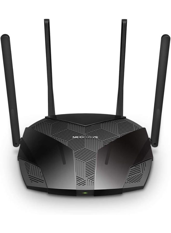MERCUSYS AX3000 Dual-Band Wi-Fi 6 Router
SPEED: 574 Mbps at 2.4 GHz + 2402 Mbps at 5 GHz 
SPEC:  4× Fixed External Antennas, 3× Gigabit LAN Ports, 1× Gigabit WAN Port, 1024-QAM, OFDMA, HE160
FEATURE: MERCUSYS APP, Router/Access Point Mode, WPS/Reset Button, IPTV, IPv6, Smart Connect, Beamforming, MU-MIMO, Parental Controls, Guest Network, VPN Server, DFS, WPA3, BSS Color, TWT, TR-069, ISP Preset (Agile Config) Black - Image 1