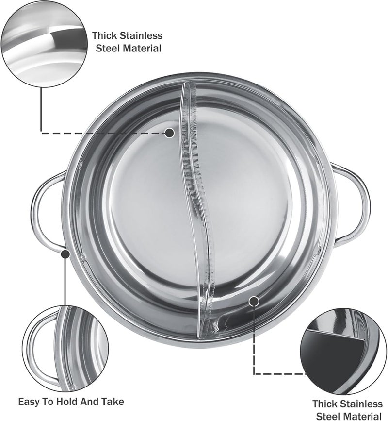 Kruvad Kruvad 304 Stainless Steel Hot Pot with Divider - Double Flavor Shabu Shabu Cookware for Induction & Gas Stove Heavy Duty Stock Pot with Dual Handles, Dishwasher Safe, Round Pasta & Soup Pot  - Image 5