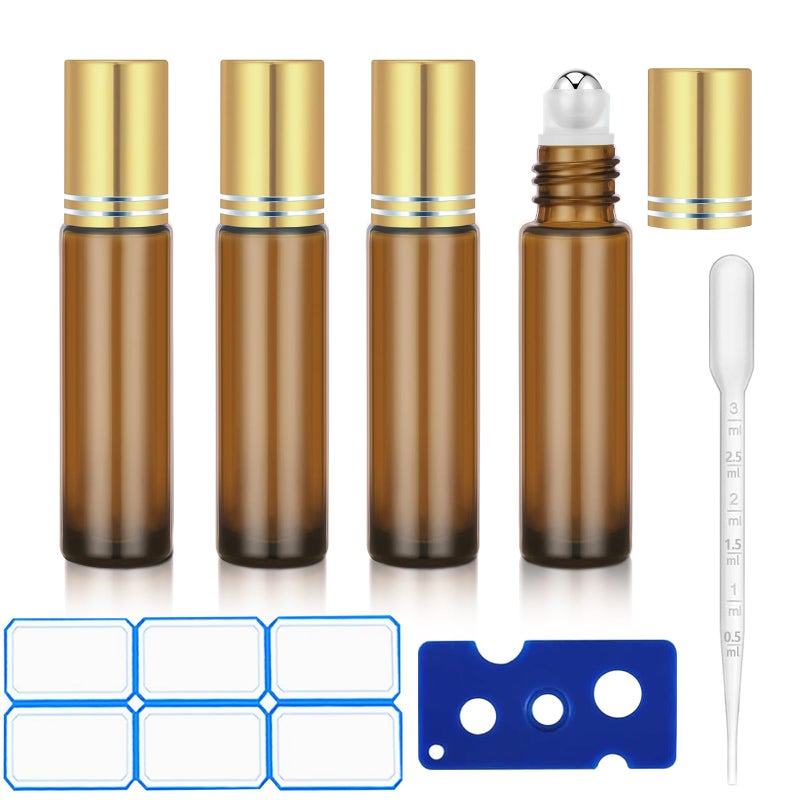 Dtdnzkn 4 Pack Of 0.34 Oz (10Ml) Essential Oil Roller Bottles - Refillable  Leak-Proof Amber Glass Roll-On Bottles With Stainless Steel Roller Balls  Metal Caps  And Labels Included - Image 1