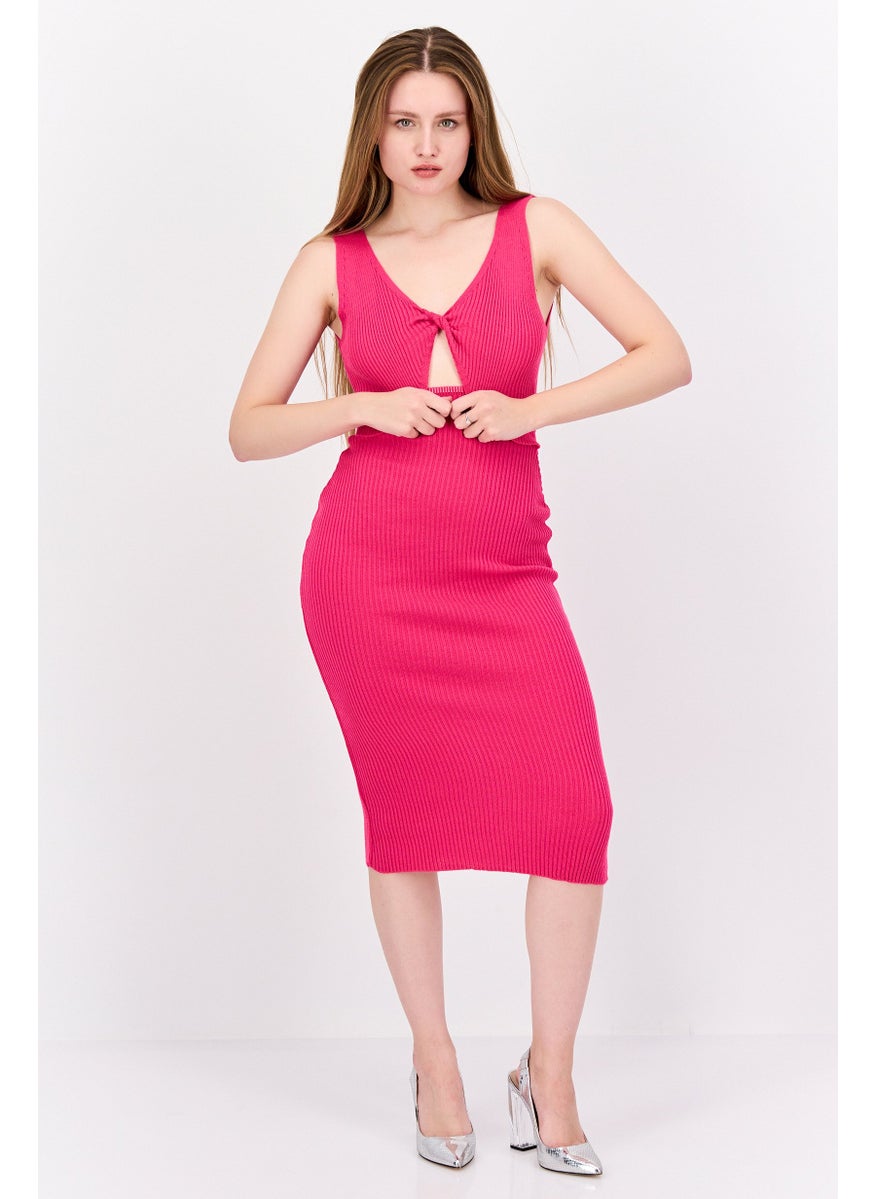 I SAW IT FIRST - Women Ribbed Cut Out MIdi Dress, Pink - Image 1