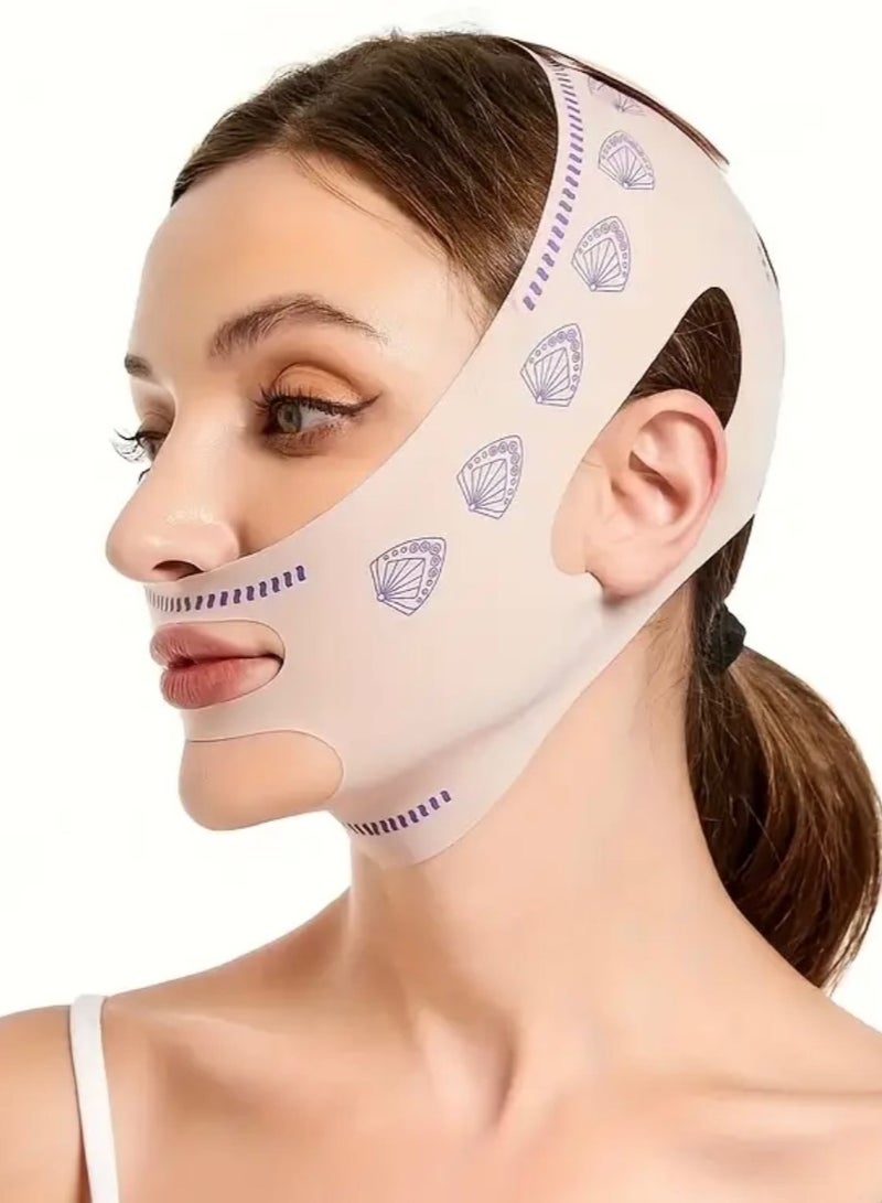 كلين ويف حزام رفع الذقن على شكل حرف V – تنحيف الوجه وتخفيض الذقن مرتين | حزام مريح قابل لإعادة الاستخدام لتشكيل خط الفك للنساء – مضاد للترهل وشد الوجه - لون بيج - Image 1