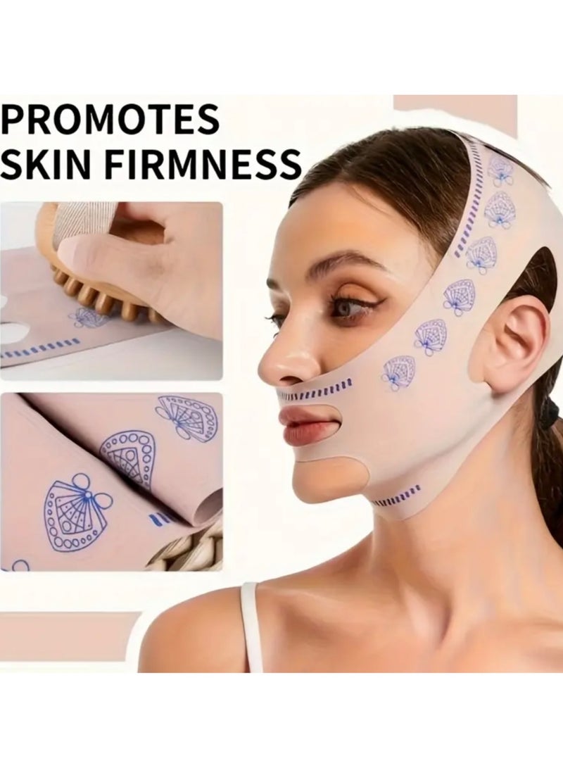 كلين ويف حزام رفع الذقن على شكل حرف V – تنحيف الوجه وتخفيض الذقن مرتين | حزام مريح قابل لإعادة الاستخدام لتشكيل خط الفك للنساء – مضاد للترهل وشد الوجه - لون بيج - Image 2