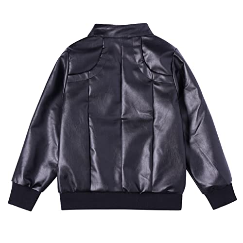 ELUCKFACE Boys Trendy Stand Collar PU Leather Moto Jacket - Winter Warm Lined Coat with Zipper Closure for Kids Black 8-9Years - Image 4