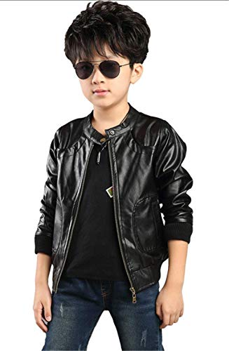 ELUCKFACE Boys Trendy Stand Collar PU Leather Moto Jacket - Winter Warm Lined Coat with Zipper Closure for Kids Black 8-9Years - Image 2