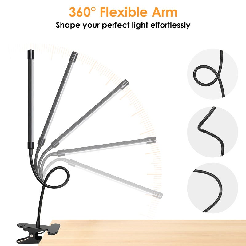 ShineTech Adjustable Eye-Caring LED Desk Lamp, Flexible Gooseneck Table Light with Stepless Dimming, 4 Color Modes Clip on Light for Reading, Study, Work, Nightstand - Image 3