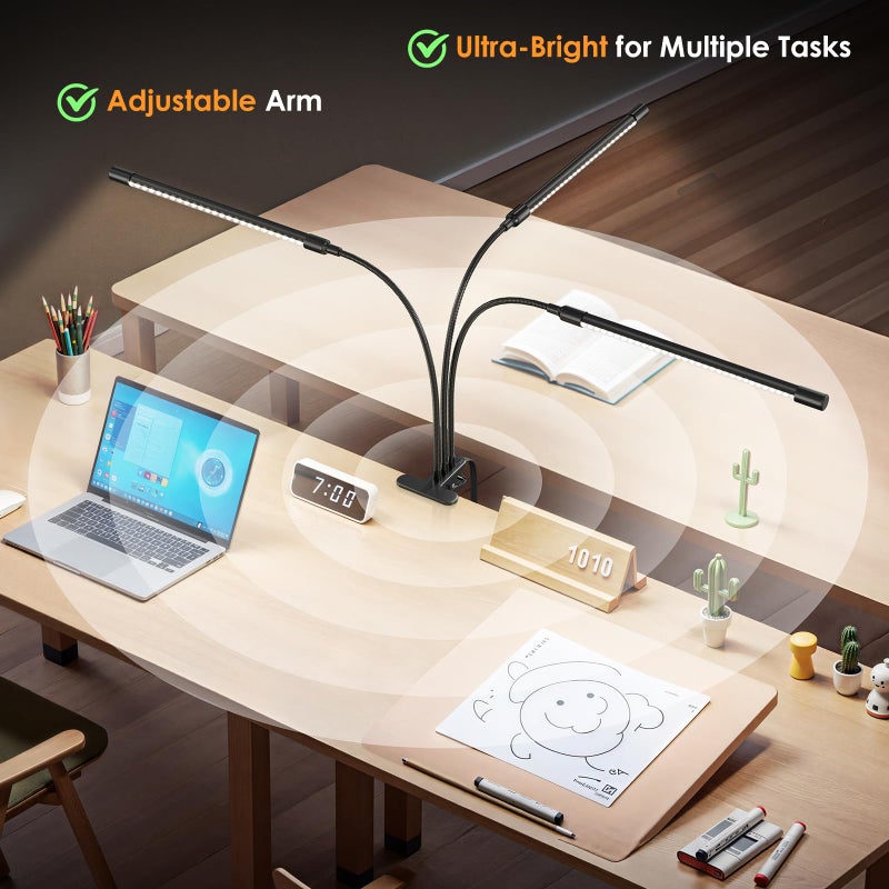 ShineTech Adjustable Eye-Caring LED Desk Lamp, Flexible Gooseneck Table Light with Stepless Dimming, 4 Color Modes Clip on Light for Reading, Study, Work, Nightstand - Image 4