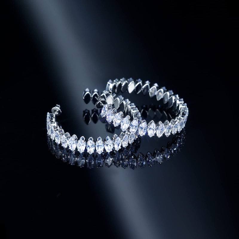 AILife Cubic Zirconia Hoop Earrings for Women, White Gold Plated Sparkling Rhinestone CZ Cuff Earrings (40mm, Almond CZ, Silver) - Image 2