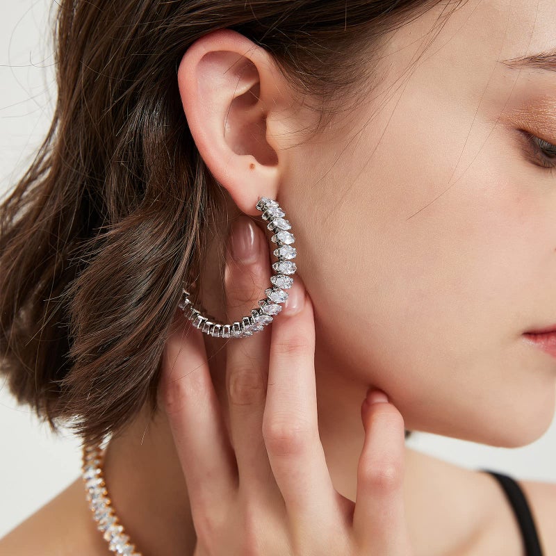 AILife Cubic Zirconia Hoop Earrings for Women, White Gold Plated Sparkling Rhinestone CZ Cuff Earrings (40mm, Almond CZ, Silver) - Image 3