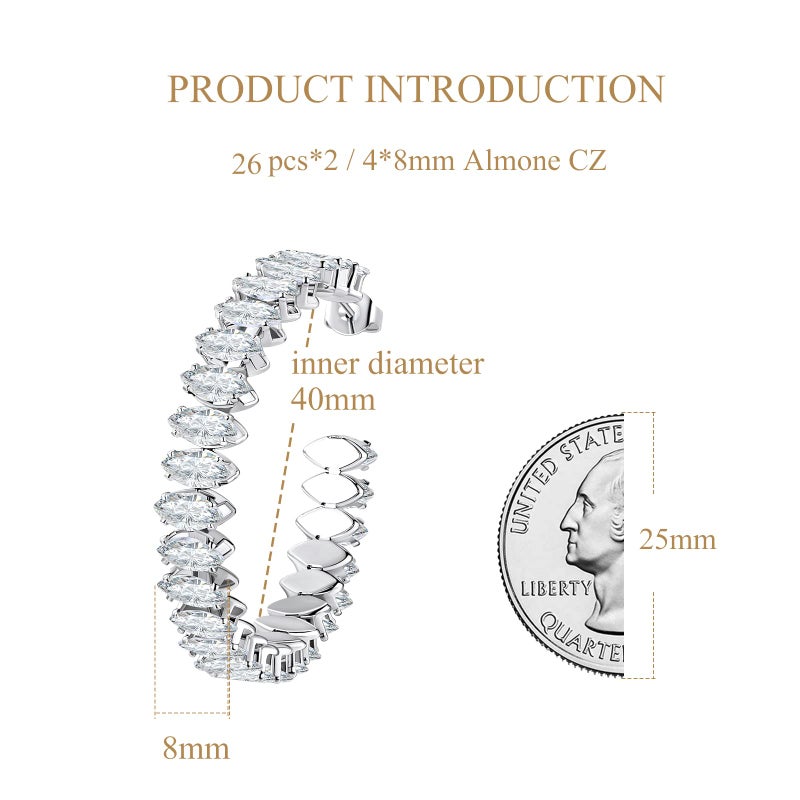 AILife Cubic Zirconia Hoop Earrings for Women, White Gold Plated Sparkling Rhinestone CZ Cuff Earrings (40mm, Almond CZ, Silver) - Image 5